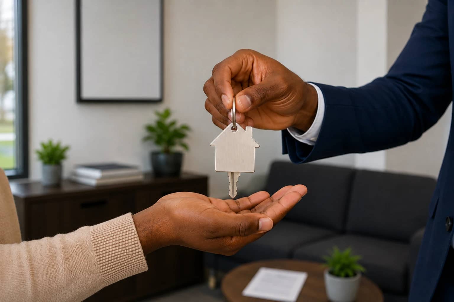 Keys on a house-shaped key ring being handed over
