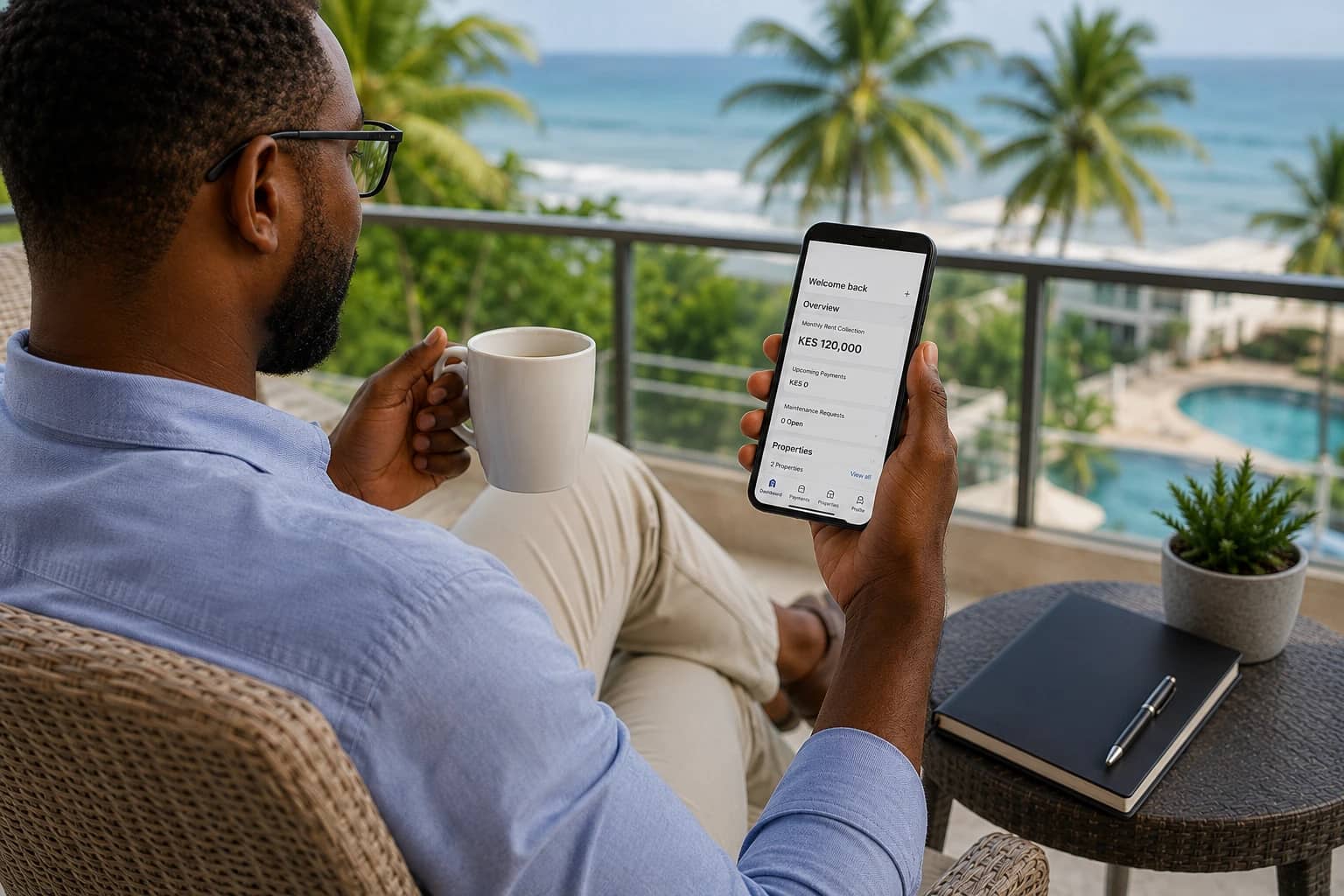 A landlord checking his monthly rent collection on his phone from a balcony overlooking the ocean
