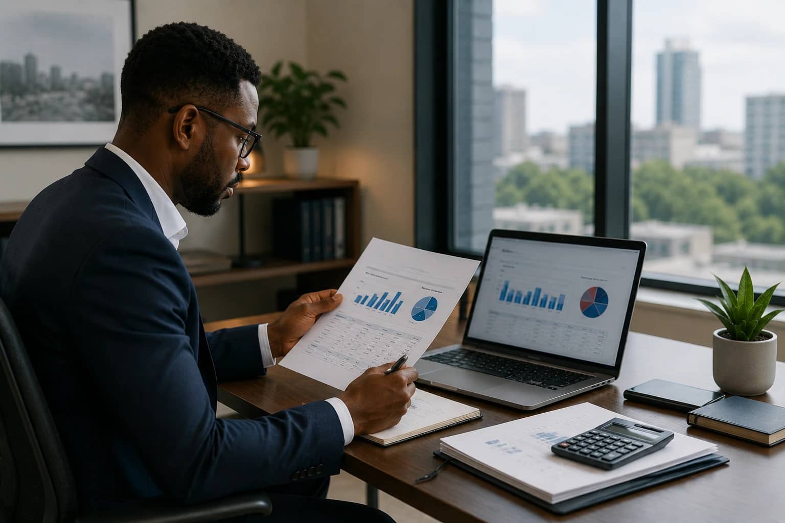 A landlord reviewing a rental income report in his office