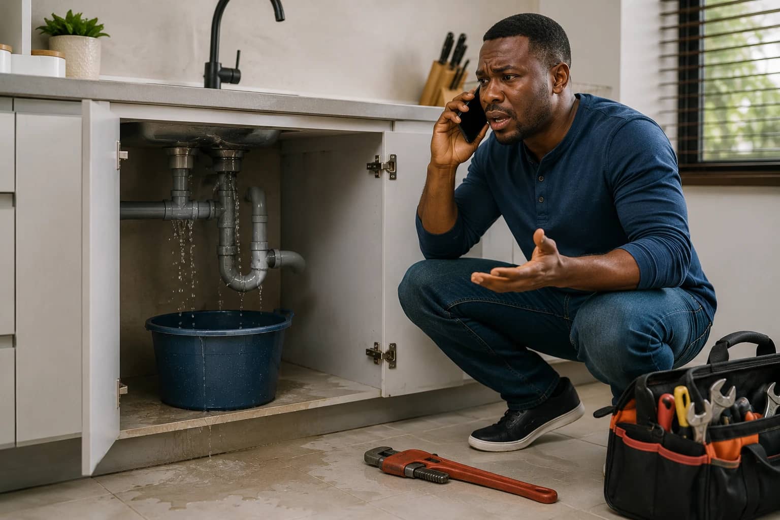 A man on the phone looking stressed at a leaking pipe under a kitchen sink