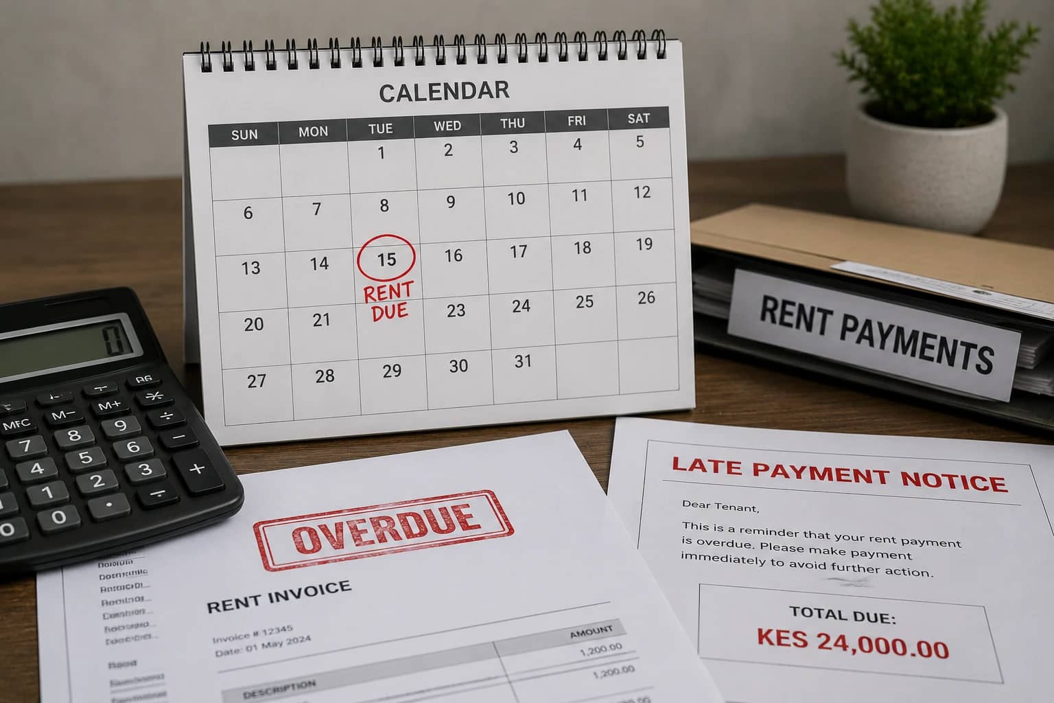 A rent invoice stamped overdue next to a late payment notice and a calendar marking rent due